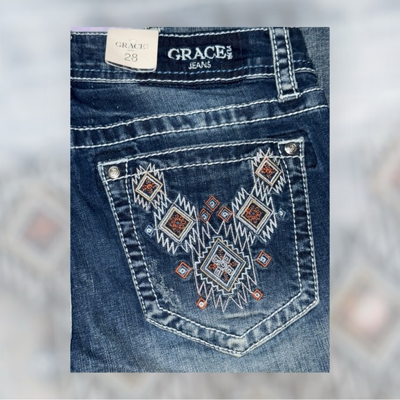 Grace in LA NWT Women's Deep Indigo Boot Cut Jeans With Aztec Pattern - Picture 8 of 9